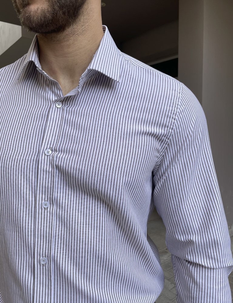 Ανδρικό πουκάμισο με γιακά λευκό με καφέ ρίγα 2097K φωτογραφία